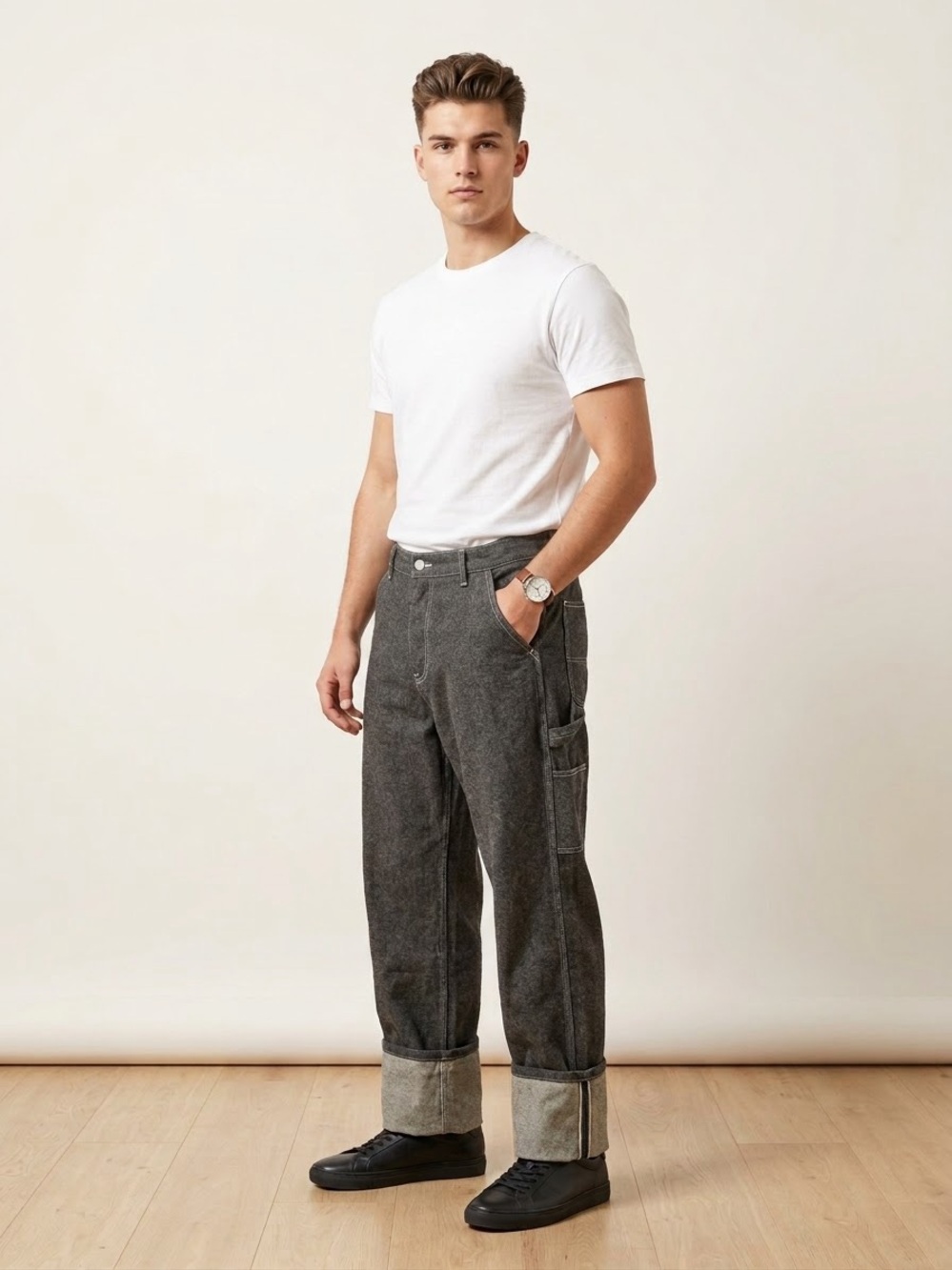 Zara Mens Wool Blend Tweed Cuffed Wide LEg Pants Charcoal Grey Relaxed Fit US 36
